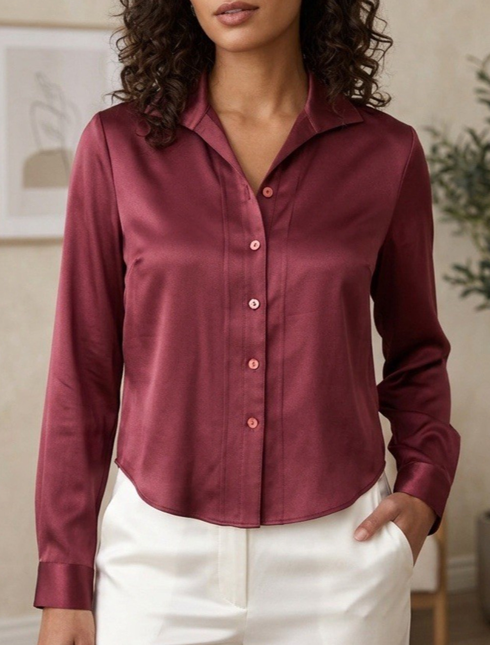 Lafayette 148 Silk Satin Long Sleeve Shirt Burgundy Red Blouse Button Down 4 S